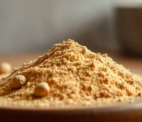 Finely ground roasted peanut powder displayed, showcasing its smooth texture and rich brown color.